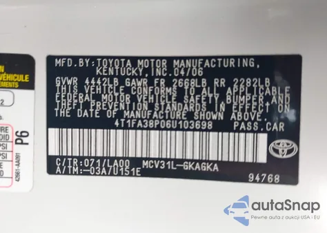 2006 Toyota Camry Solara Sle from USA, damaged, VIN 4T1FA38P06U103698